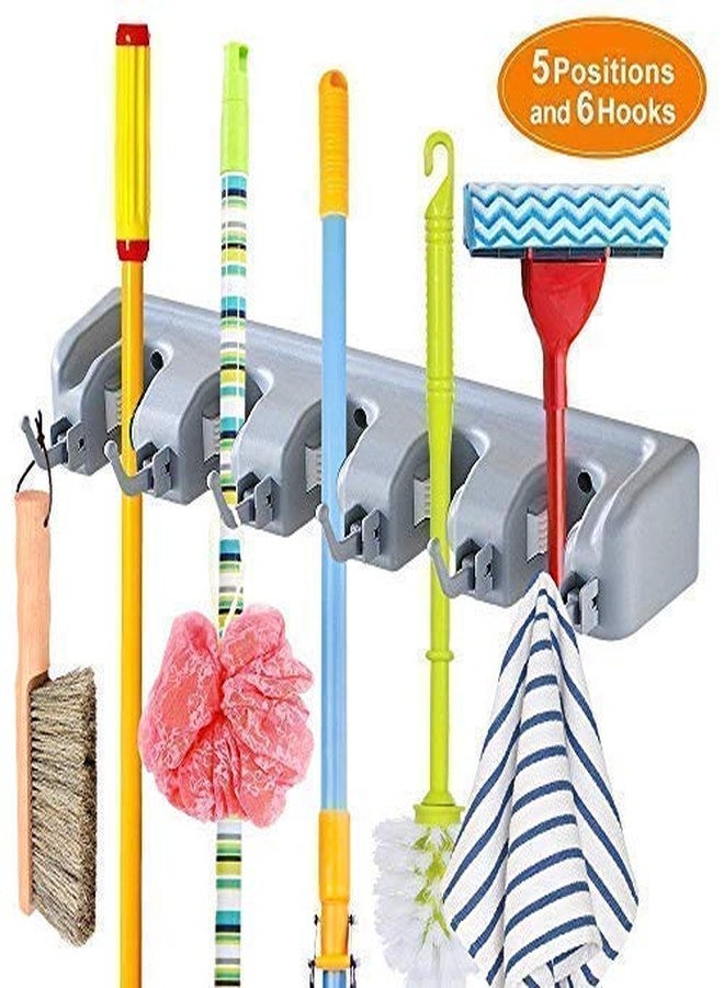 SKYLIT Multipurpose Wall Mounted Magic Mop and Broom Holder Organizer Storage 5 Slots with 6 Inbuilt Hanging Hooks for Kitchen; Garden Mop Broom for Home, Bathroom, Well Stand (Plastic-Color-Grey) - Image 2